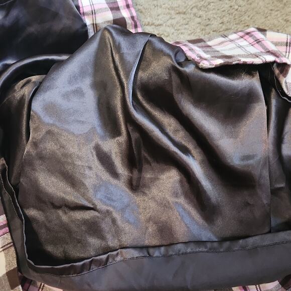 Nori Women's Pink & Brown Plaid Button Front Cropped Puff Sleeve Jacket Size LG - Picture 7 of 10